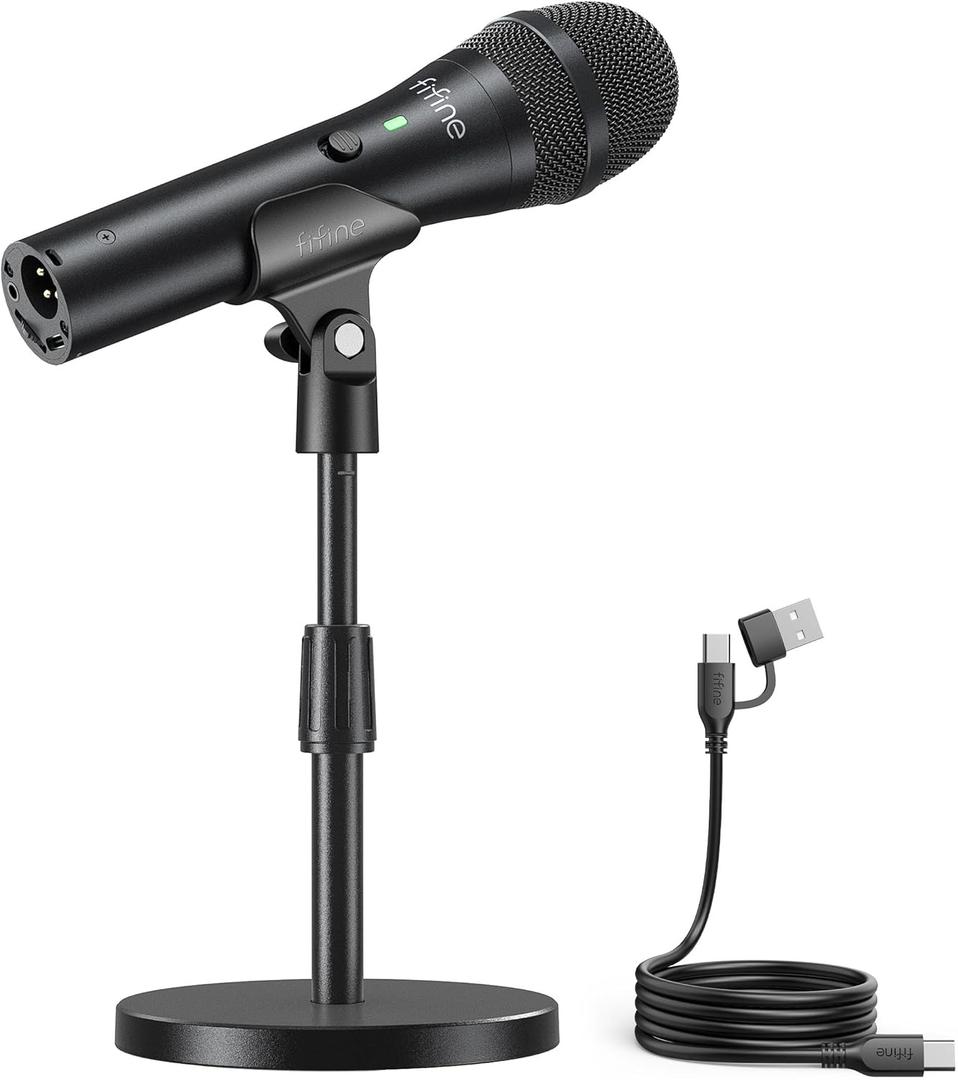 FIFINE USB/XLR Dynamic Microphone for Podcast Recording, Studio Handheld Mic Set with Desktop Stand for Vocal, Voice Over, Streaming, Black-AmpliTank TANK2