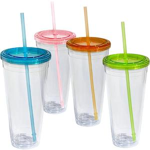 Lily's Home Insulated Tumbler Cups with Straws and Lids, Double Wall Clear Acrylic Plastic. Perfect for Iced Coffee, Hot Drinks, Water. BPA Free. Multicolor lids - 4 Pack (32 oz, Clear)