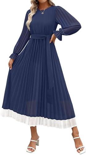 ZESICA Women's Spring Long Sleeve Chiffon Dress Casual Crew Neck Pleated A Line Flowy Midi Dresses with Belt, S