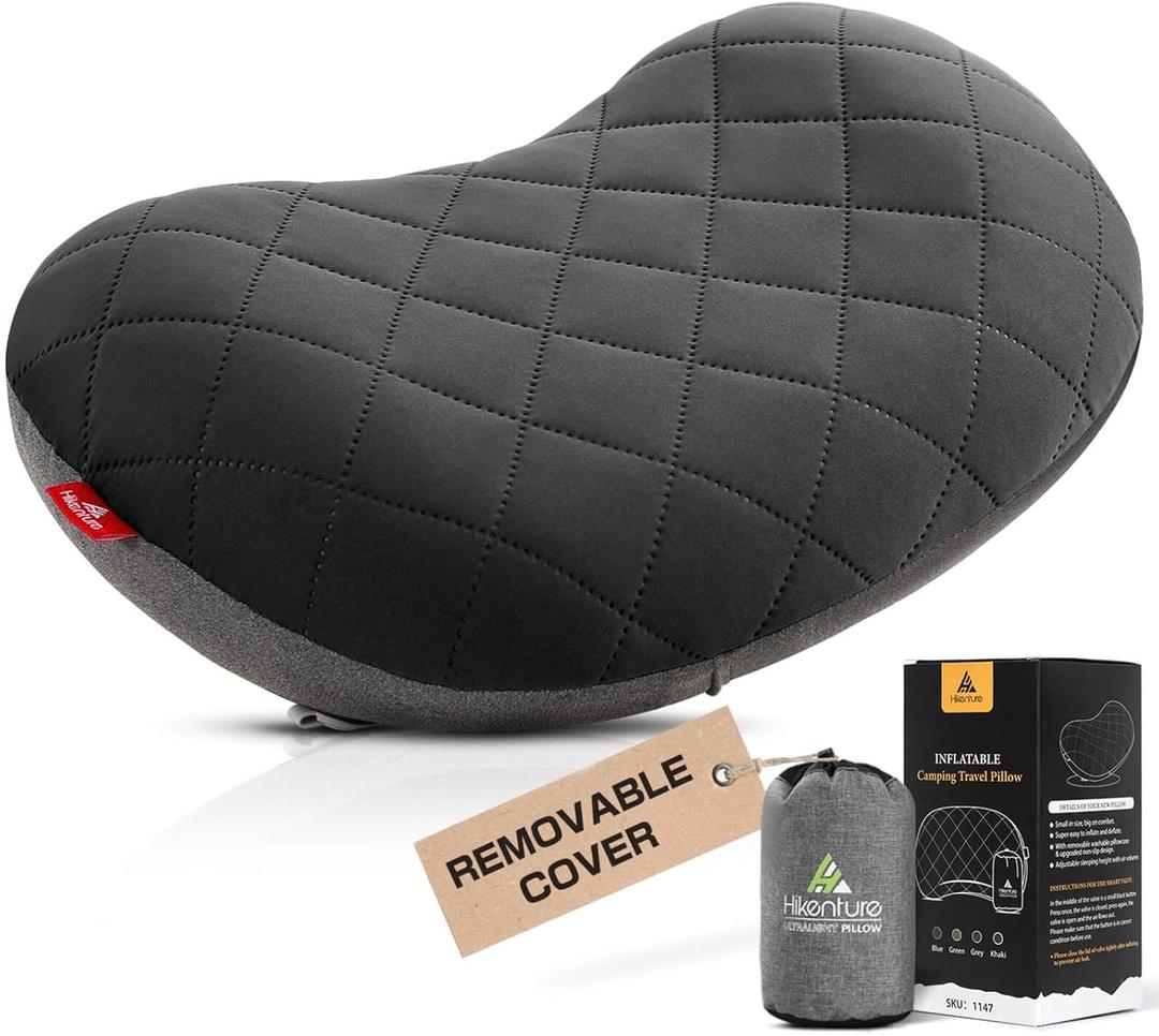 Hikenture Camping Pillow with Removable Cover, Ultralight Inflatable Backpacking Pillow for Sleeping, Blow Up Pillows, Portable&Compact Hiking Pillow for Beach, Travel, Outdoor(Grey)