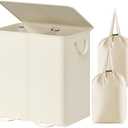 Lifewit Double Laundry Hamper with Lid and Removable Laundry Bags, Large Collapsible 2 Dividers Dirty Clothes Basket with Handles for Bedroom, Laundry Room, Closet, Bathroom, College, 136L Ivory White
