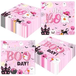 Pink Halloween Birthday Decorations Napkins,Ghost Party Decorations 48pcs Happy Boo Day Party decorations Paper Napkins for Girl Halloween Party Decorations