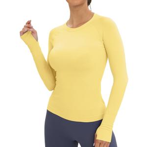 MathCat Workout Seamless Shirts for Women Long-Sleeved Yoga Running Breathable Thumb Holes Tops (Yellow, M)