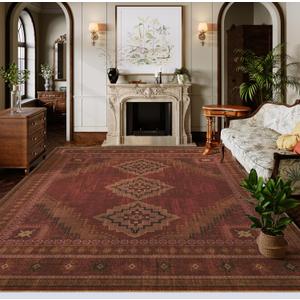 8x10 Living Room Rug - Vintage Ultra-Thin Area Rug Washable Carpets - Soft & Stain Resistant Abstract Rug for Home Bedroom Dining Room Home Office Crimson Red