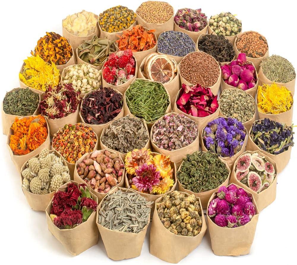 LAVEVE Dried Flowers, 40 Bags 100% Natural Dry Flower Herbs Kit for Soap, DIY Candle, Bath, Resin Jewelry Making Include Lavender, Don't Forget Me, Lily, Rose Petals, Jasmine and More
