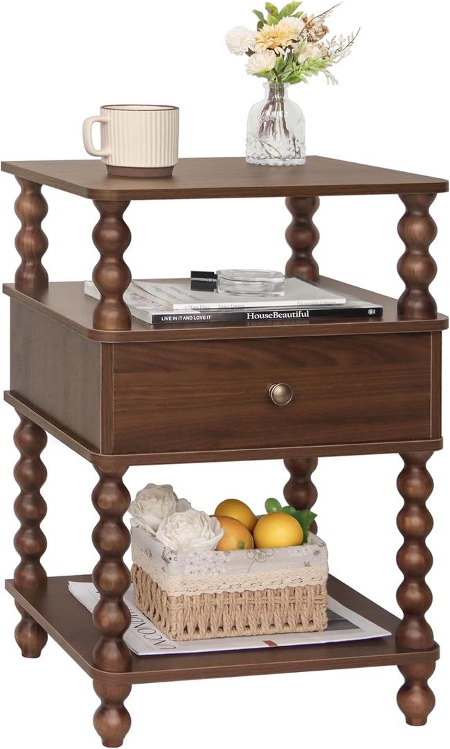 AWASEN Mid Century Modern Nightstand, Bedside Table with Storage, 3-Tier Small Night Stand End Table with Drawer for Bedroom &Solid Wood Spindle Legs, Walnut Brown, 11.8" x 15.75" x 23.6"