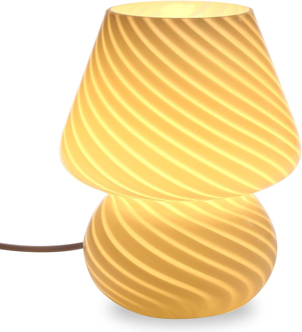 BSOD Mushroom Lamp,Glass Table Bedside Lamps Translucent Murano Vintage Style Striped Small Night Mushroom Decor Light Swirl for Ambient,Kids,Bedroom,Living,Girl Gift (Stripe White)