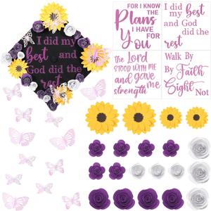 Suncalla 36 Pcs Purple DIY Graduation Cap Decorations Kit, 20 Roses Sunflower Flower Heads 4 Inspirational Quote Glitter Stickers 12 3D Butterfly for Grad Cap Topper DIY Art Gift