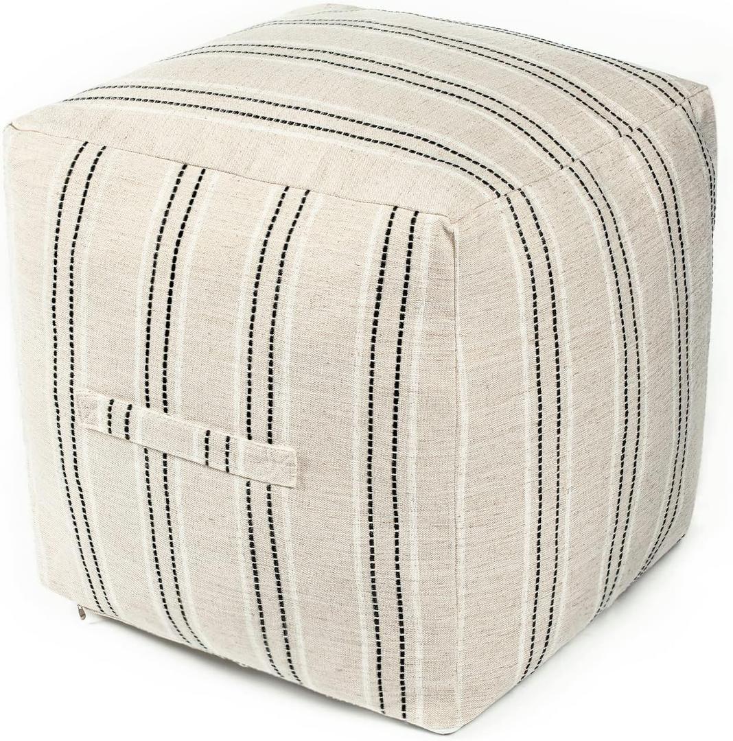 AELS Unstuffed Farmhouse Pouf Cover for Living Room, Boho Storage Bean Bag Cubes, Beige with Black Stitch Yarn Dyed Stripe Linen Square Ottoman Pouf Foot Rest Footstool, 18"x18"x18", Cover ONLY
