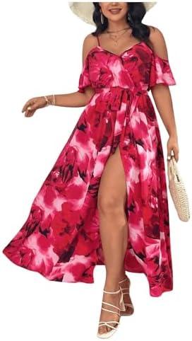 Floerns Women's Plus Size Cold Shoulder Short Sleeve Split Thigh Long Dress, XXL, Hot Red