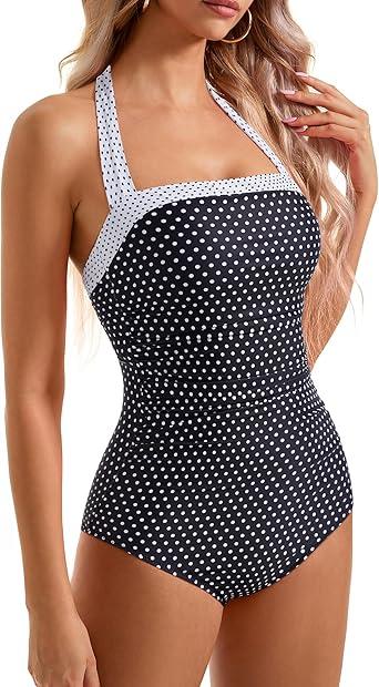 SUUKSESS Women Sexy Tummy Control One Piece Swimsuits Halter Slimming Retro Monokini Bathing Suits Color Block Swimwear(Black White Polka Dots,S)