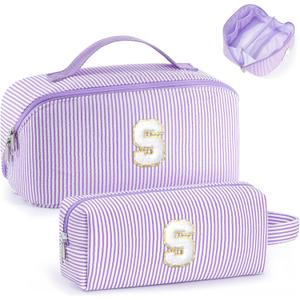YOOLIFE 10 11 12 13 14 Year Old Girl Birthday Gift - Initial Letter Makeup Bag Cosmetic Bags for Women Girls Teens Daughter Sister Girlfriend, Preppy Trendy Stuff for Teen Girl Gifts Purple Letter S