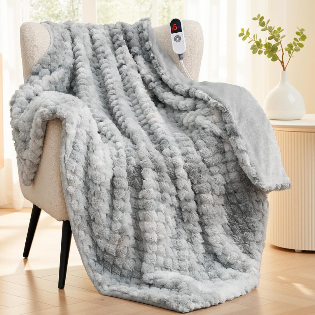 Heated Blanket Electric Throw 50"x60", Faux Rabbit Fur Electric Blanket, Tie Dye Soft Flannel Heating Blanket for Couch, 6 Heat Settings, 1-4H Timer, Machine Washable, Gift, Blue