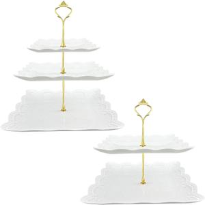 2 Pack Cupcake Stands, Square 2-Tier & 3-Tier Cake Stand Set White Tiered Seving Tray Stand Suitable for Birthday Wedding Tea Party Baby Shower with Metal Holder