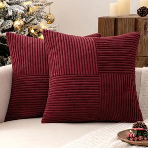 MIULEE Christmas Burgundy Corduroy Pillow Covers Pack of 2 Boho Decorative Spliced Throw Pillow Covers Soft Solid Couch Pillowcases Cross Patchwork Cushion Covers for Living Room Bed Sofa 18x18 inch