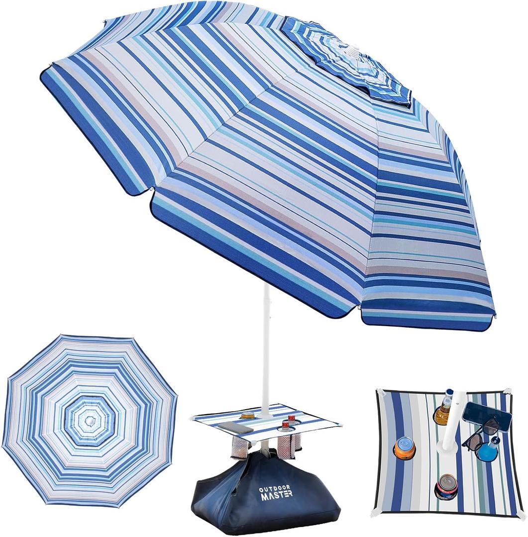 OutdoorMaster Beach Umbrellas with Sandbag & Anchor with 4 Cup Holder, 6.5ft Adjustable Umbrella for Beach Heavy Duty Wind, Portable UPF50+ Sunshade with Carry Bag for Patio,Blue White with Cup Holder