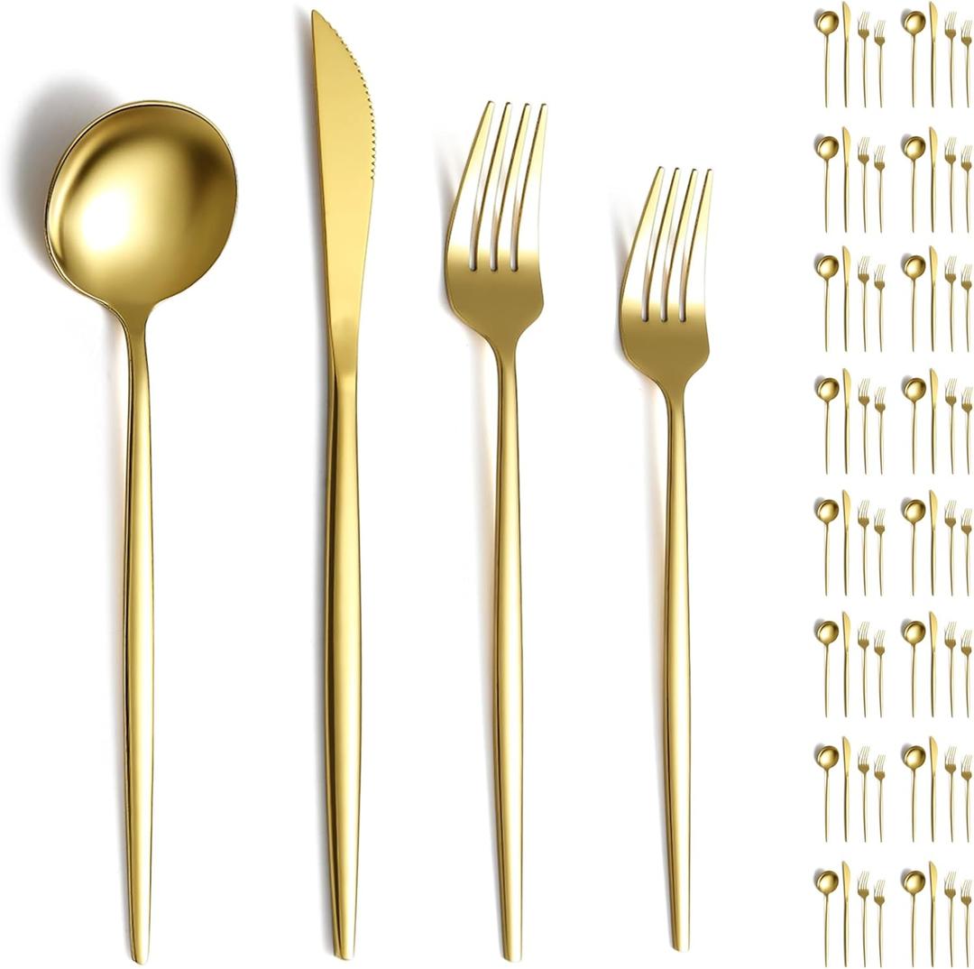 Evanda Gold Silverware Set 64 Piece Service for 16, Titanium Gold Plated Stainless Steel Flatware Set, Knives Forks Spoons Cutlery Set for Wedding, Parties, Birthday, Restauroom, Dishwasher Safe