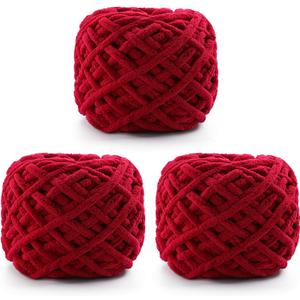 3 Pack Chunky Chenille Yarn for Crocheting, Fluffy Baby Blanket Yarn for Crochet Sweater Shawl Scarf Gloves, Super Soft Amigurumi Plush Yarn 222 yds/10.5 Oz (Jujube Red)