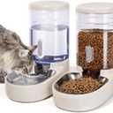 Automatic Cat Feeder and Water Dispenser with Stainless Steel Bowl Gravity Food Feeder and Waterer Set for Small Medium Dog Puppy Kitten 1 Gallon x 2(Beige)