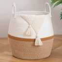 OIAHOMY 60L Blanket Basket with Handle, Storage Basket for Living Room, Laundry Hamper for Clothes, Towels, Pillows, Toy Storage for Kids and Dogs, Baby Hamper for Nursery - Brown & White