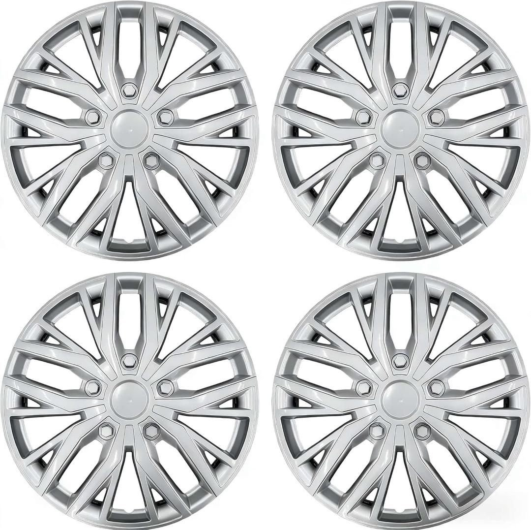 15 Inch Hubcaps with Adjustable Steel Retention Rings, Premium ABS Universal Fit, Set of 4 Wheel Covers (Silver)