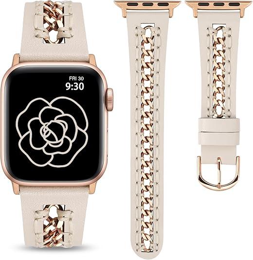 Minyee Leather Band Compatible with Apple Watch Bands 38/40/41/42/44/45/46/49mm Women, Dressy Premium Leather Strap with Stainless Steel Metal Chain for iWatch Series 11 10 9 8 7 6 5 4 SE/Ultra 3 2 1