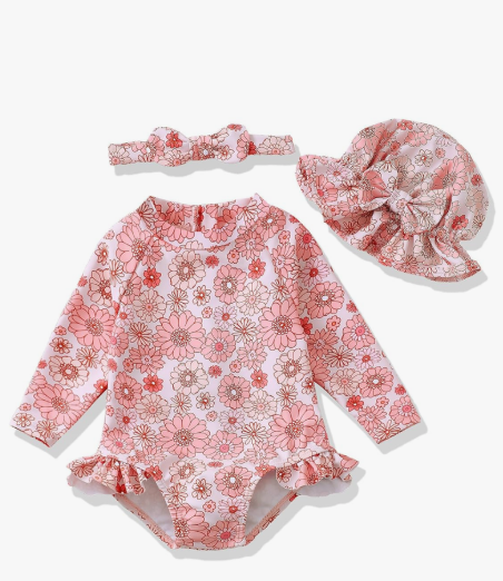 Baby Girl Swimsuit Long Sleeve One-Piece Swimwear with Hat Rash Guard Ruffle Floral Zipper Beach Infant Bathing Suit Newborn