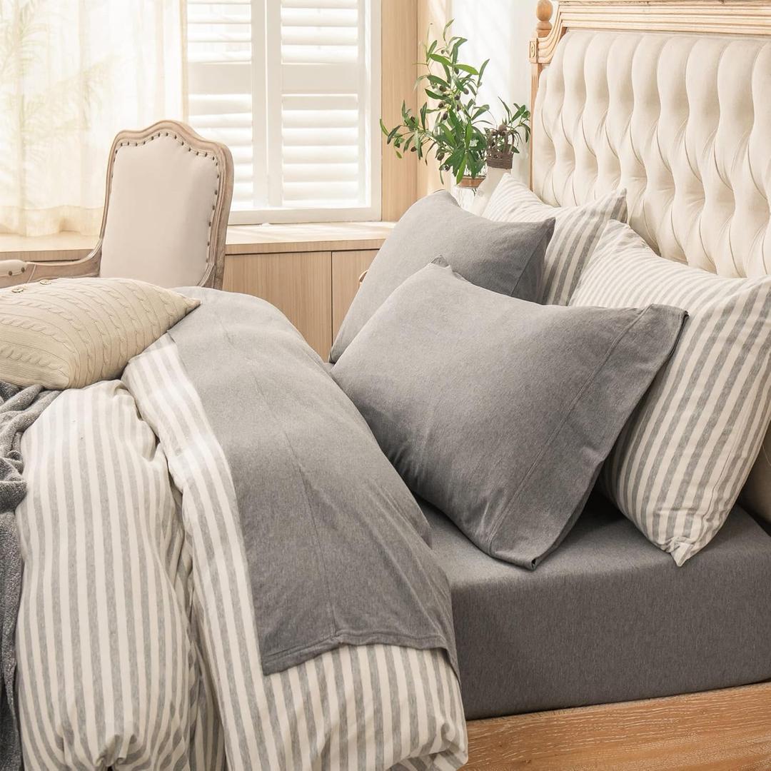 PURE ERA Jersey Knit 4pc Bed Sheet Set 100% T-Shirt Heather Cotton Super Soft Comfy Breathable Fits Mattress Up to 20" Extra Deep Pocket (Heather Dark Grey, Queen)