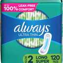 Always Ultra Thin Feminine Pads without Wings for Women, Size 2, Long Super Absorbency, Unscented, 40 Count x 3 Pack (120 Count total) (Packaging May Vary)