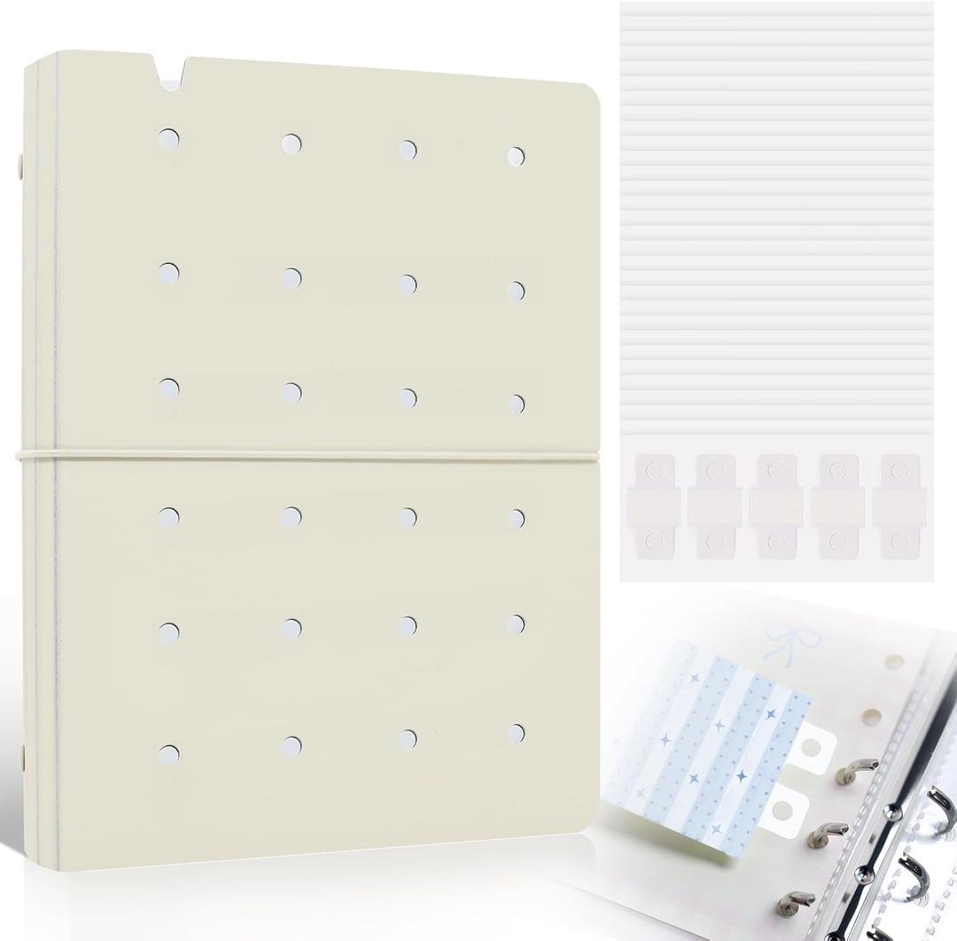 Refillable A5 Binder 6 Ring Cover for Planner Journal Budget Notebook Making with 300 PCS Binder Sheet Converter Sticker, Loose Leaf Cover with 20mm Inner Diameter Ring (Perforated-Beige)