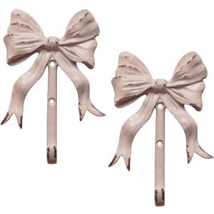 Enchanting Pink Bow Wall Hooks - Pack of 2 | Shabby Chic Vintage Style | Easy Installation | Sturdy Metal Hooks for Clothes, Bags, Towels, Hats