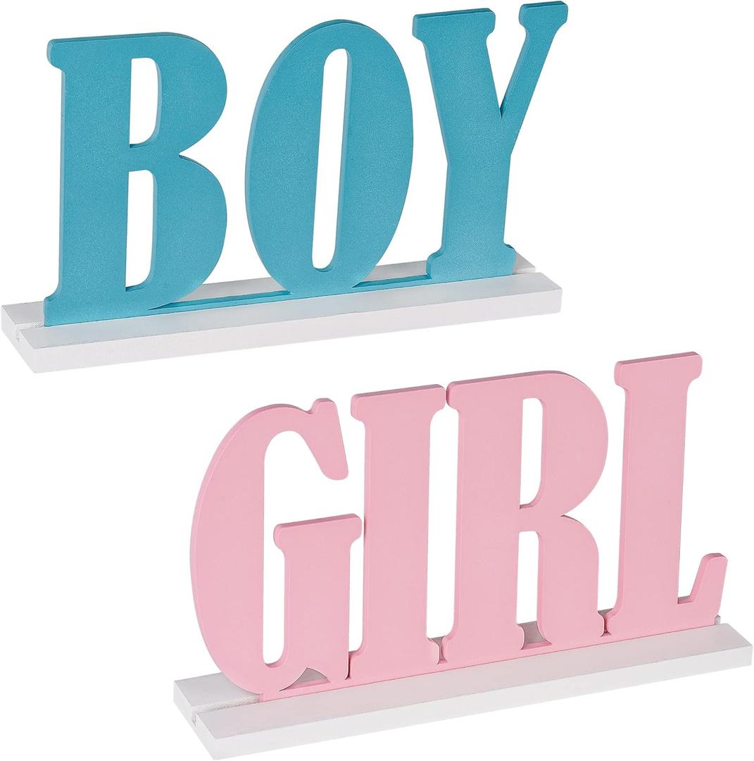 Boy or Girl Sign  Blue and Pink Wooden Tabletop Decor for Gender Reveal and Baby Shower Party Supplies  by JTRF
