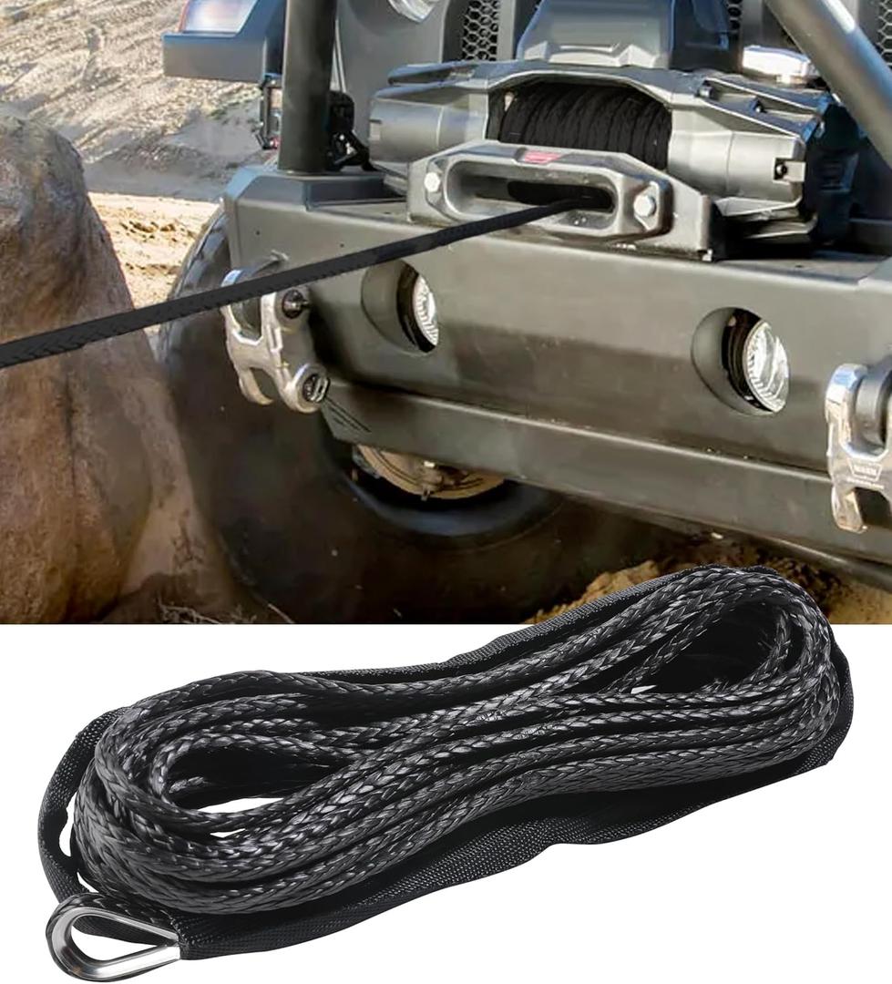 1/5'' x 50FT Winch Rope, Car Accessories Synthetic Winch Rope,10000LBS Winch Cable with Protective Sleeve and Thimble, Automotive Replacement, Suitable for Off-Road Vehicles, UTV, ATV, SUV (Black)
