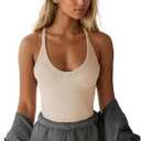 GTEUKTG Women's Spaghetti Strap Scoop Neck Tank Top Racerback Slim Fitted Ribbed Camisole Solid Basic Workout Crop Cami (Beige, XL)