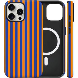 Magnetic for iPhone 15 Pro Max Case Cute Dopamine Stripes Phone Case, Shockproof Slim TPU and Hard PC Protective Phone Cover Compatible with MagSafe Designed for Women Girls, Coral Orange&Blue