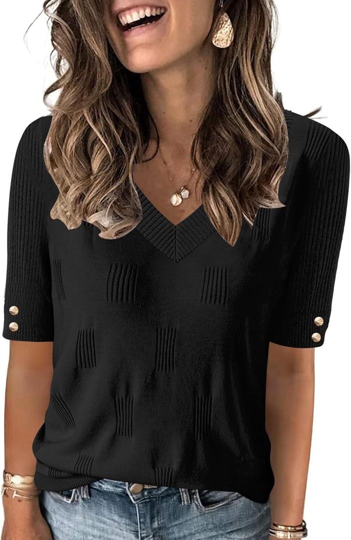 AKEWEI Womens V Neck Sweater Short Sleeve Lightweight Knit Spring Summer Tops with Decorative Buttons (Large, Black)