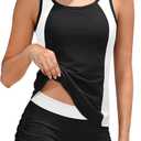 Girls Swimsuit Two Piece Color Block Adjustable Strap Tankini Sets with Drawstring Shorts Bathing Suit for Girls 9-16Y (15-16 Years, Blackwhite)