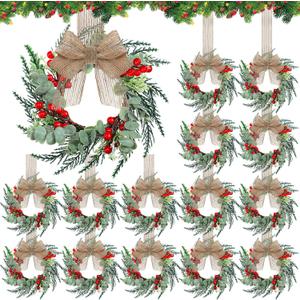 Hotop 18 Set Mini Wreaths for Kitchen Cabinet 12 Inch Small Christmas Wreath with Burlap Ribbon Red Berry and Eucalyptus Leaves for Xmas Window Front Door Fireplace Chair Farmhouse Hanging Decor