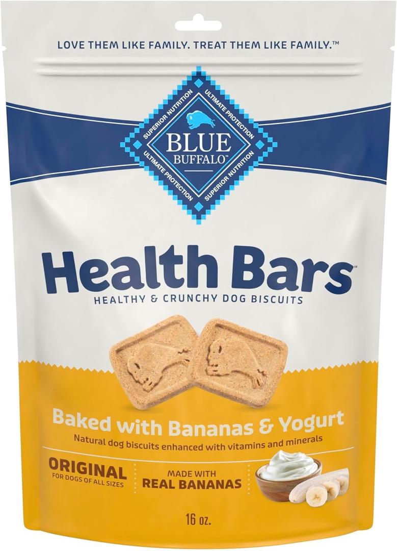 2 x Blue Buffalo Health Bars Crunchy Dog Biscuits, Oven-Baked Dog Treats Made with Natural Ingredients, Bananas & Yogurt, 16-oz Bag (EXP 07/02/26)