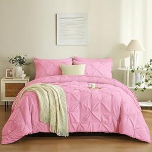 BOLINLIVING Twin Comforter Set, 5 Pieces Pintuck Bed in a Bag Twin Size, Soft Pinch Pleat Bedding Sets with Comforter and Sheets Pillowcase & Sham, Pink Comforter Set for All Season
