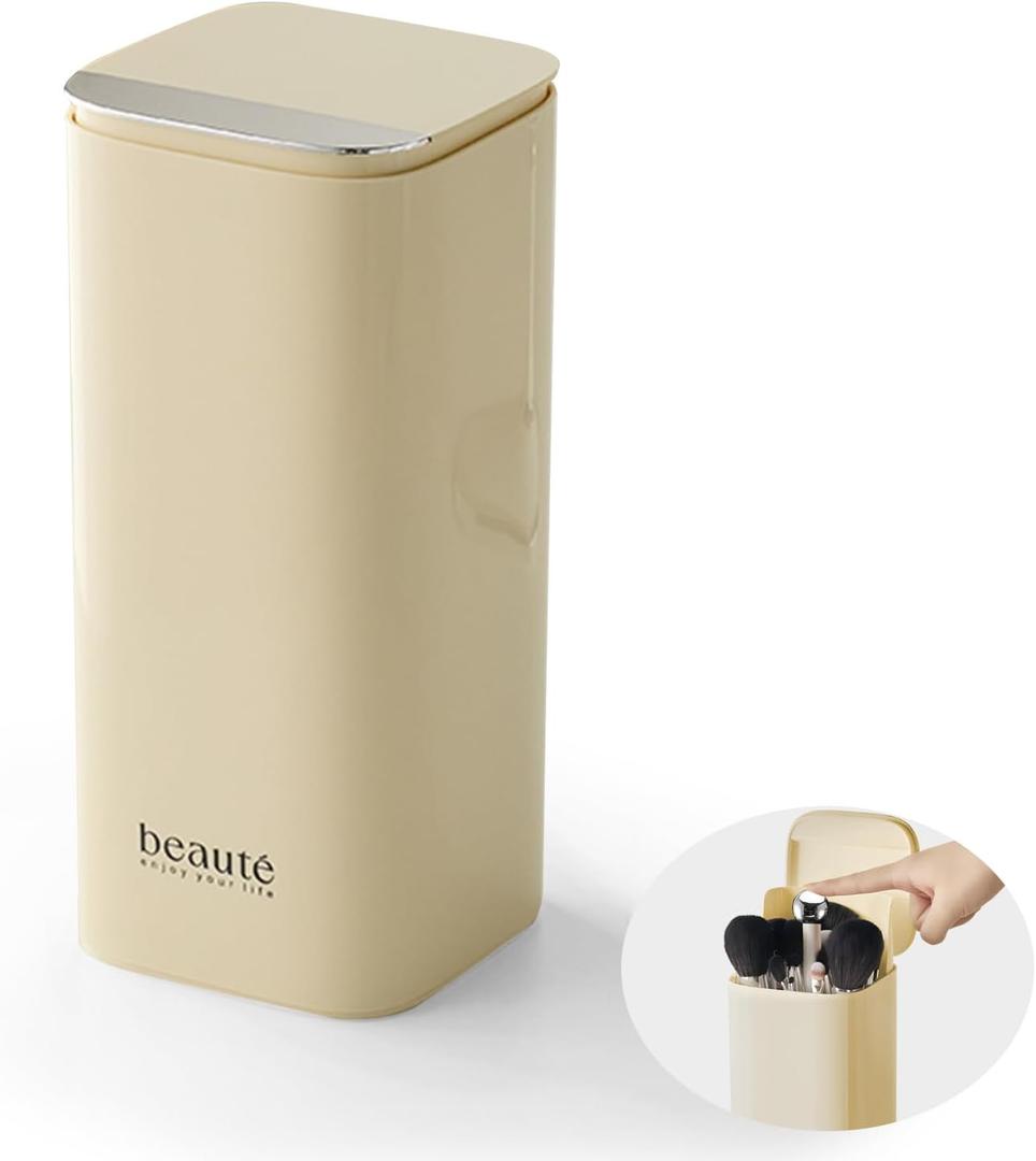 DASITON Makeup Brush Holder with Lid,4 Slots Makeup Brush Organizer,Automatic Lifting Makeup Cosmetics Organizer,for Vanity Decor,Bathroom Countertop,Dustproof Cosmetic Brushes Container(Cream)