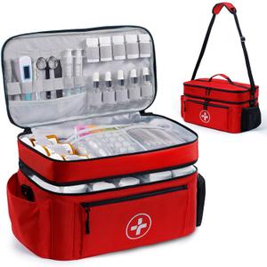 BAGSFY Travel Medicine Bag Organizer, Medical Bag Empty, Pill Bottle Organizer for Home, Large Medication Storage, Travel Carrying Case First Aid Kit Bags Empty, Emergency Kit. (Double-Layer(Style A), Red)