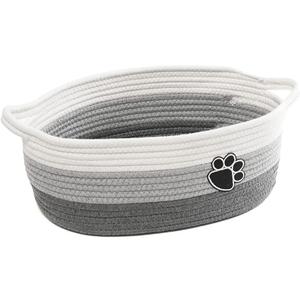 Small Woven Baskets for Organizing Rope Storage Basket with Handle Cute Cotton Basket for Nursery Gift Dog Toy Storage Bins for Toy Organizer Grey-White, 15"D x 15"W x 6"H