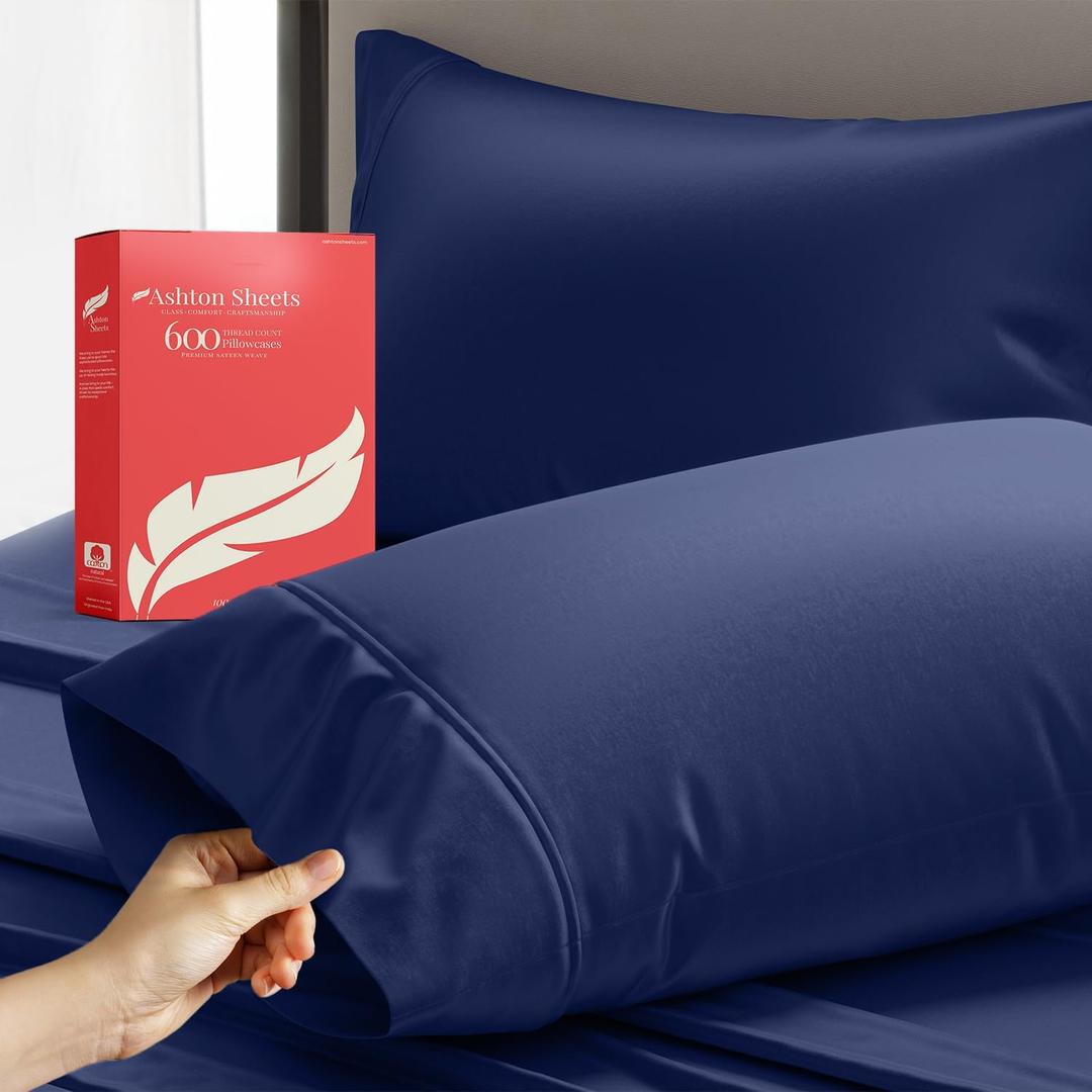 Ashton Sheets 100% Egyptian Cotton King Size Pillowcases Set of 2, 600 Thread Count Egyptian Cotton Sateen Weave King Pillow Cases, Silky Soft Hotel Quality Bed Pillow Covers for Sleeping (Navy Blue)