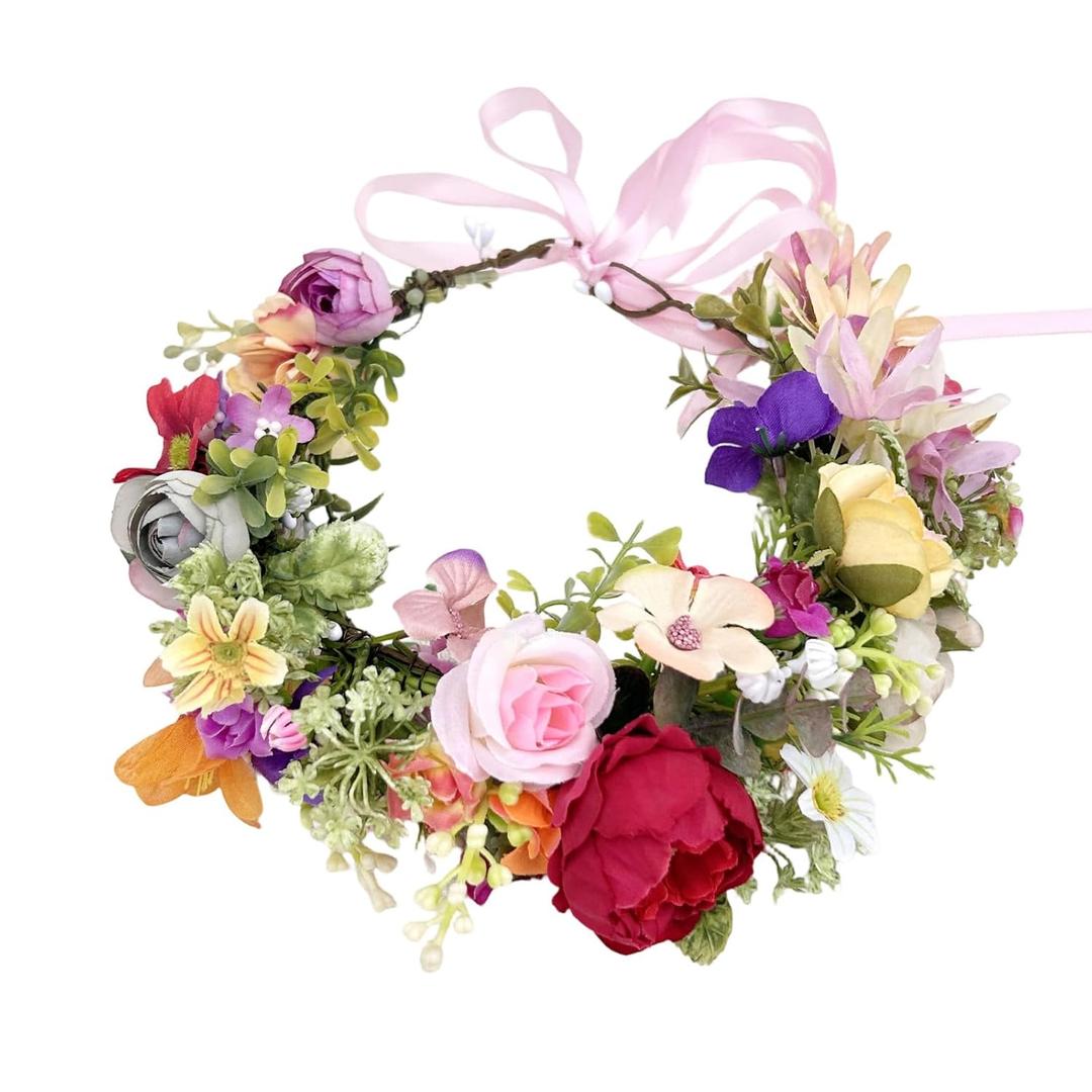 Fairy Flower Crown Headband, Artificial Colorful Rose Peony Floral Headpiece, Forest Woodland Boho Bridal Flower Headband for Women Girl Maternity Wedding Renaissance Festival Hair Accessory