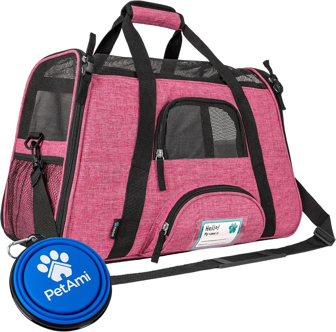 PetAmi Airline Approved Pet Carrier for Cats & Small Dogs, Soft Sided TSA Travel Carrier Bag Sherpa Bed, Breathable Mesh Ventilation, Collapsible Bowl, Fit Under Seat, Up to 18 lbs, Large Heather Pink