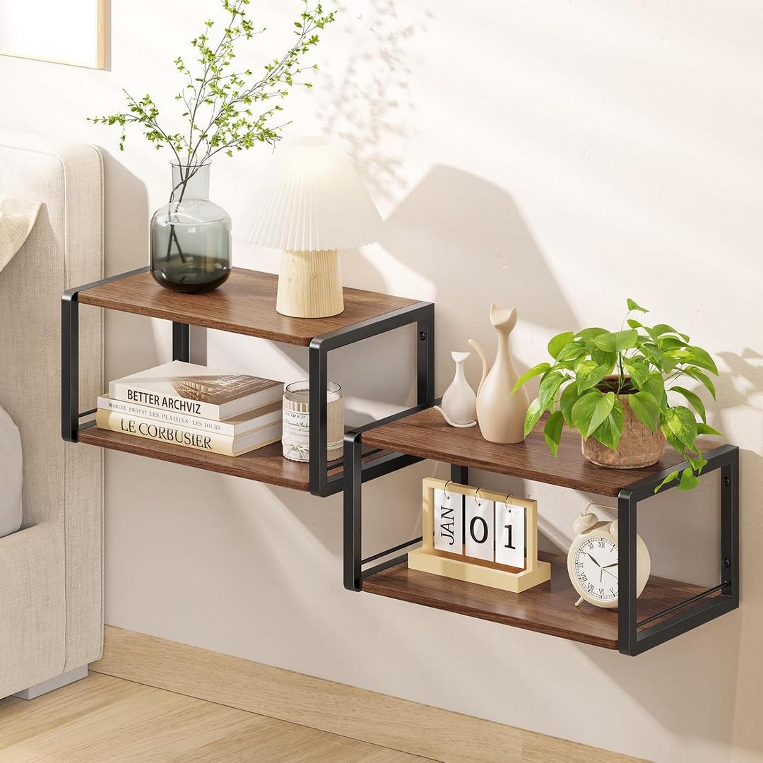 Floating Nightstand Set of 2, Wood Bedside Shelf Wall Mounted Nightstand with Heavy-Duty Frame, Floating Bedside Table for Bedroom, Bathroom, Kitchen, (Vintage Brown, 2 Pack)