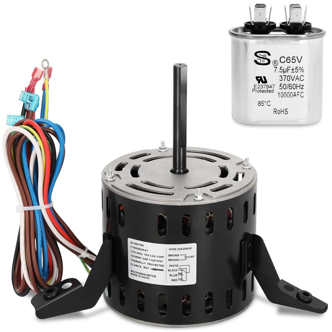 5KCP39GGV567DS Furnace Blower Motor 1/3 HP 115V 1075 RPM Replacement for Genteq 5KCP39HGP968BS 5KCP39JGV218AS HC41TE113, Include 7.5 uF/370V Capacitor