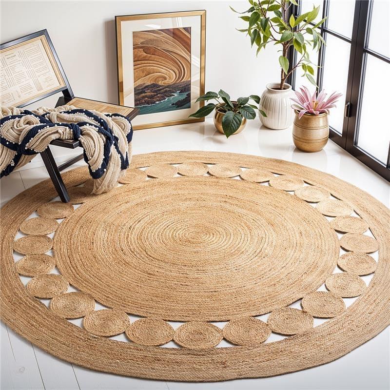 GRUHUM Jute Area Rug 4ft Natural Fiber Round Handmade Boho Charm Farmhouse Soft Bohemian Braided Reversible Rustic Vintage Rugs for Indoor Kitchen Bedroom Living Room Hallways Enterways(4'ft Round)