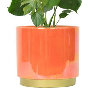 Gepege Peach Indoor Plant Pots for Plants, Large Ceramic Planter with Drainage Hole, 9.6-inch Succulent Orchid Flower Pot - Rainbow Pearl Glaze